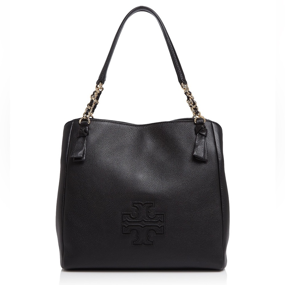 Tory Burch 2022 Harper Tote — black pebbled leather with gold chain strap